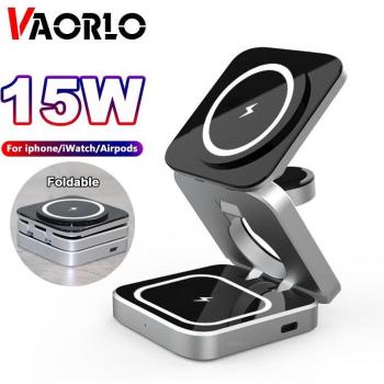 Soporte de cargador inalámbrico magnético 3 en 1 de 15W plegable para iPhone 14, 13, 12 Pro/Max/Plus y AirPods 3/2 - Cargador rápido negro