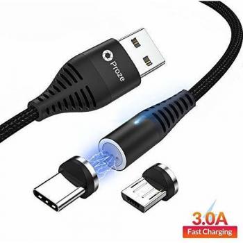 Proze Cable USB Magnético de Carga 2 en 1 USB-C y Micro USB Cable de Datos y Carga Rápida Tipo C Nylon 1M para Transferencia de Datos y QC3.0 Carga Rápida 18W 3A