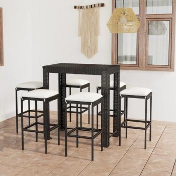 7-Piece Black Synthetic Rattan Garden Bar Set with Cushions