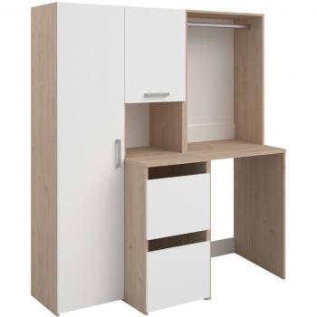 Mueble para lavadora con perchero, armario y columna de almacenamiento - Natural claro y blanco - L157 x H184 cm - ERKANO