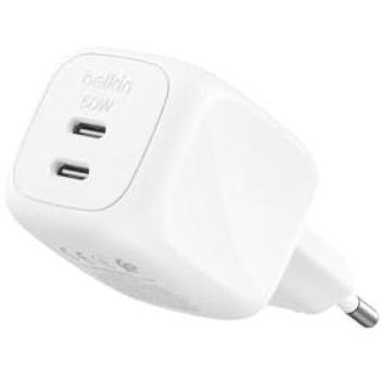 Cargador de Pared Belkin BoostCharge Pro 50W Dual USB-C GaN Carga Rápida Blanco