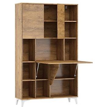 Escritorio Plegable Megan 2 con Librería en Roble Burdeos, Mesa Plegable para Oficina Doméstica, Incluye Estantes para Ordenador Portátil