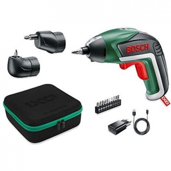 Bosch IXO Set Atornillador a Batería de Litio 3.6V con Accesorios Angular y Excéntrico, 10 Puntas para Atornillar, Cargador USB y Estuche de Espuma, Colores Negro, Verde y Rojo