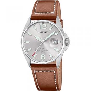 Reloj Calypso Basic K5870/2 Analogico de Hombre con Correa de Piel Marrón y Caja de Acero Inoxidable Plateado
