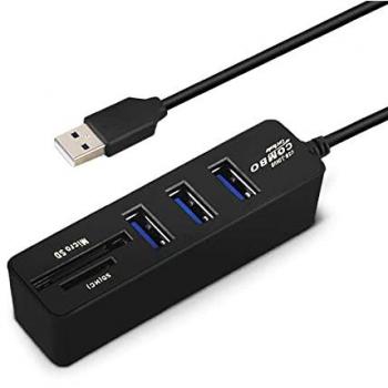 Ladrón Multipuerto Negro Adaptador HUB 3 Puertos USB 2.0 + Lector SD y Micro SD Velocidad hasta 5 Gbps