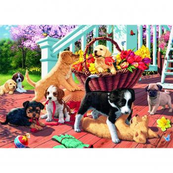 Puzzle Dino Cachorros de Perros en el Porche de 1000 Piezas
