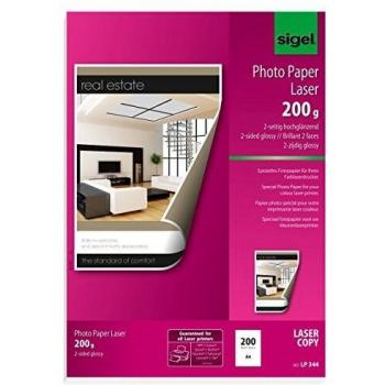 Papel Fotográfico Sigel LP344, DIN A4, 200 g/m², brillante por las 2 caras, compatible con impresoras láser y copiado a color, paquete de 200 hojas