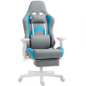 Silla Gaming Reclinable Homcom con Altura Ajustable, Reposapiés Retráctil, Soporte Lumbar y Reposacabezas Desmontable - Gris Claro y Azul