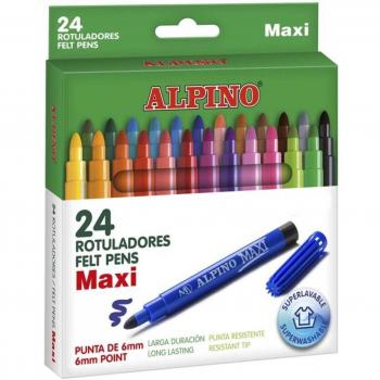 Alpino Maxi Estuche de 24 Rotuladores Gruesos - Punta de 6mm - Superlavables, Resistentes y Duraderos - Colores Brillantes Surtidos