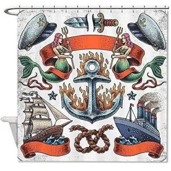 whiangfsoo dibujados de sirena Anchor Tatuajes diseño impermeable poliéster cortina de ducha maletero, poliéster, #1, 66x72