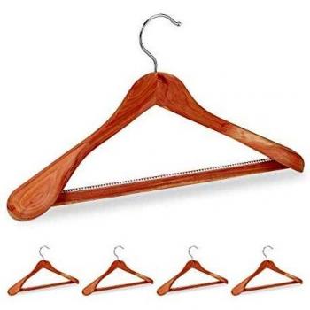 Perchas de Traje de Madera de Cedro, Set de 5 Uds., Antimotitas, Antideslizantes, Hombros Anchos, Barra para Pantalones, 45 cm, Color Marrón
