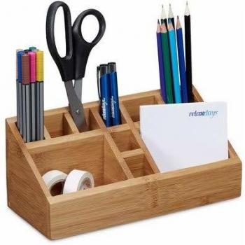 Organizador de Escritorio de Bambú Natural con 10 Compartimentos - 23 x 10 x 10 cm