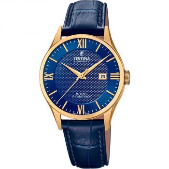 Reloj Festina F20010/3 Swiss Made para Hombre con Caja de Acero Inoxidable 316L Dorado y Correa de Piel Azul