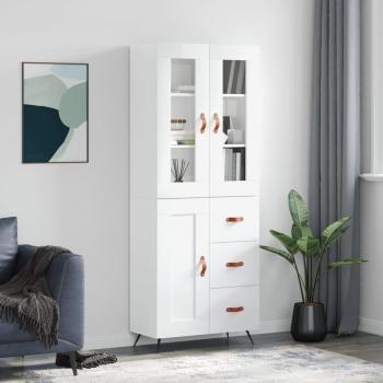 Aparador alto de madera contrachapada blanco brillo 69,5x34x180 cm con 1 puerta de madera y 3 cajones, mueble de almacenaje para salón, buffet y armario auxiliar
