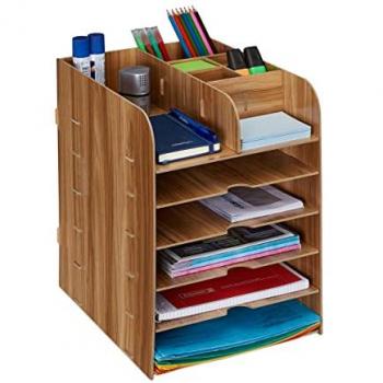 Organizador de Escritorio con 12 Compartimentos, Bandeja para Documentos A4, Dimensiones: 34.5 x 25 x 32 cm, MDF Marrón Oscuro - Relaxdays