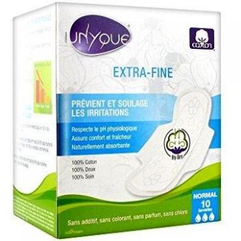 Unyque Compresas Algodón Puro 100% - Previene Irritaciones Hipoalergénicas Super Absorbentes Extrafinas y con Alas - Flujo Moderado – Apta Pieles Sensibles - 10 Unidades