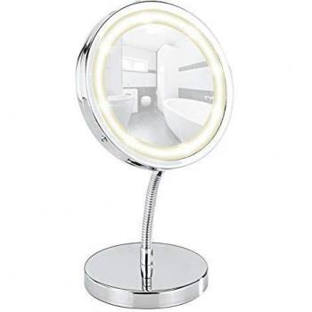WENKO Espejo de pie para la cosmética con LED Brolo - espejo cosmética, superficie de espejo ø 11 cm, Acero, 15 x 16.5 x 13 cm, Cromo