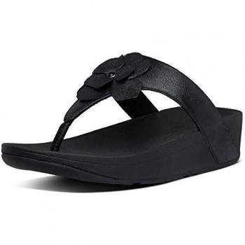 Sandalias de cuña de Mujer FitFlop Entre Dedo con Flor Decorativa en Color Negro