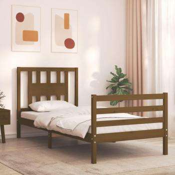 Estructura de cama con cabecero de madera maciza en color marrón miel, dimensiones 90x200 cm