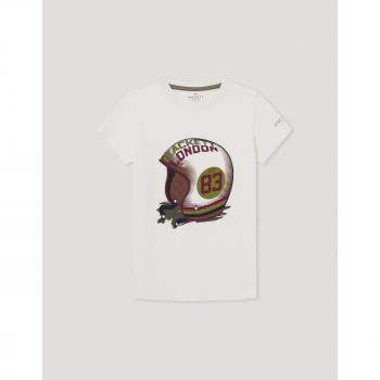 Camiseta de niño Hackett Helmut blanca con cuello redondo y gráfico estampado, manga corta, 13 años