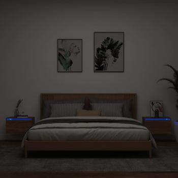 Mesitas de noche de pared con luces LED 2 unidades roble marrón, blanco, negro y roble sonoma, mesita para habitación, dormitorio, salón y estudio, estilo moderno, mesa auxiliar
