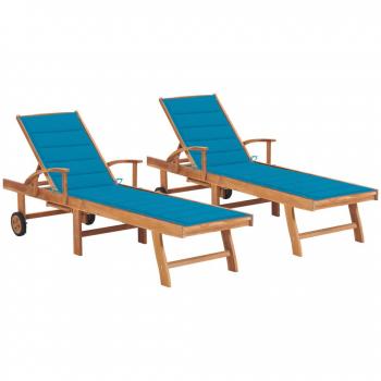 Teak Wood Sun Loungers Set of 2 with Blue Cushions