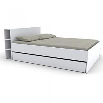 Cama EUGENE con cabecero, compartimentos y cajones - 160 x 200 cm - Blanco