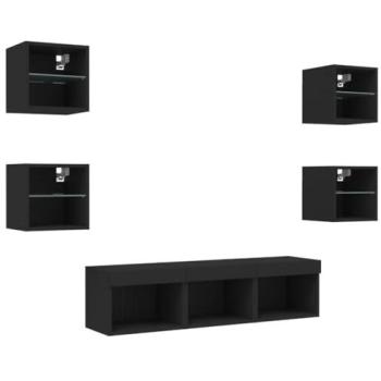 Mueble multimedia para TV con LED RGB, 7 piezas, madera compuesta negra