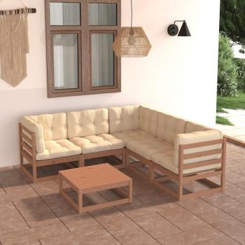 Conjunto de muebles de jardín 6 piezas con cojines de madera de pino maciza
