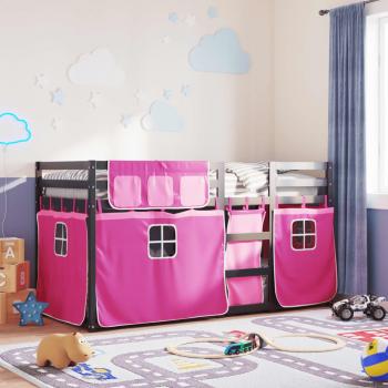 Litera sin colchón Rosa 90x200 cm madera de pino con cortinas, fabricada en madera maciza de pino