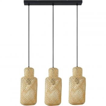 Lámpara colgante Lindby Venora, alargada, 3 luces, 15 cm, bambú, color marrón, tipo tradicional para salón y comedor (E27)