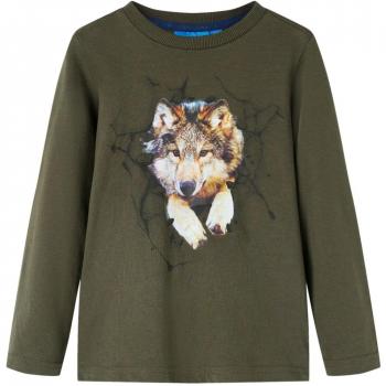 Camiseta Infantil de Manga Larga Estampado de Lobo - Color Caqui Talla 140