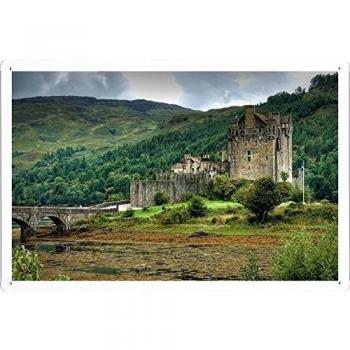 Metal cartel Cartel de chapa Hojalata sesión Castle Mountains Wood Trees Bridge Lake Scotland 42447 Retro Vintage Pared Decoración by hamgaacaan