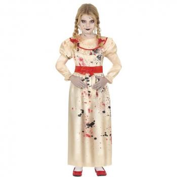Disfraz de Muñeca Asesina Diabólica para niña - Incluye vestido rojo con estampado de muñeca, medias a rayas, diadema con moño, maquillaje facial y detalles de sangre