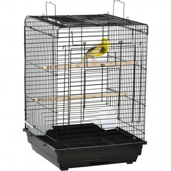 PawHut Jaula Metálica para Pájaros 40x40x59 cm con Techo Abatible, 2 Perchas, 2 Comederos y Bandeja Extraíble - Negro