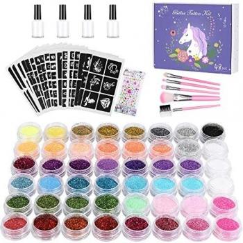 Winpok Tatuajes Purpurina, 48 Colores Kit de Tatuajes Temporales con 203 Plantillas, Tatuaje de Brillo Impermeable No Tóxico, Regalos para Niños Niñas Adultos Fiesta