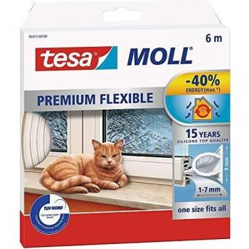tesamoll Silicona PREMIUM FLEXIBLE , Tira de Silicona Adhesiva para Sellar Brechas de Ventanas y Puertas , Transparente , 6 m x 8 mm x 7 mm