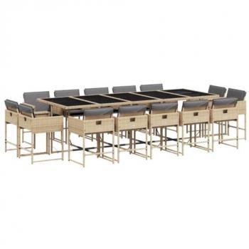 Set comedor de jardín con cojines 15 pzas ratán sintético beige