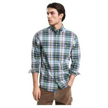Camisa de Hombre Gant Regular Fit de Popelina a Cuadros Tartan Verde Oscuro, Manga Larga, Talla M