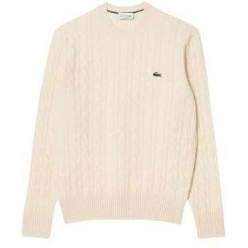 Suéter de lana cardada con cuello redondo y logo Lacoste, color beige, talla XXL