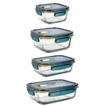 Set 4 Herméticos de Vidrio Astral Quid 52CL - 64CL - 80CL - 104CL Azul, Apto Microondas y Frigorífico, Material Saludable