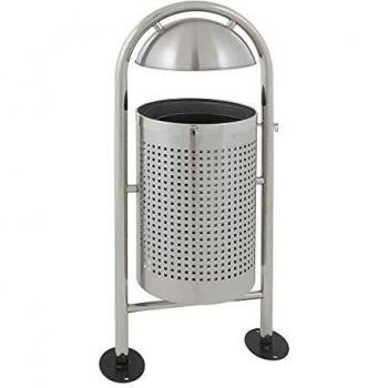 Contenedor de Basura Redondo con Techo Antilluvias, 27 litros, Acero Inoxidable Mate, Dimensiones HxØ 1150 x 350 mm