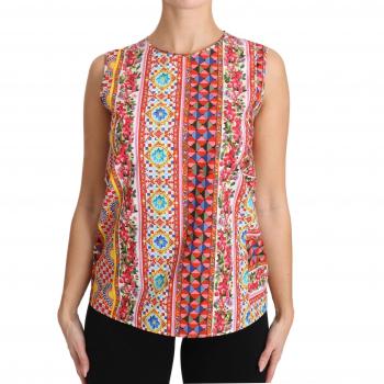 Dolce & Gabbana Carretto Print Pure Cotton Tank Top Floral Blouse - IT46|XL, Sleeveless Tops, female, Multicolor, Size: L