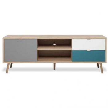 Mueble TV Escandinavo 150cm Perast con Acabado en Roble Sonora, 1 Puerta, 2 Cajones y 2 Nichos - Gran Espacio de Almacenamiento