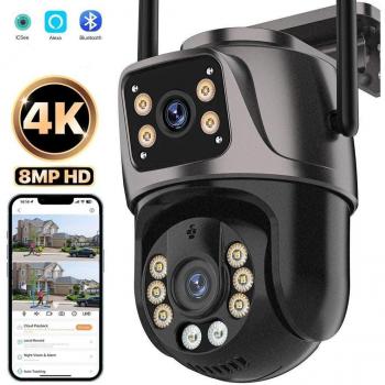 Cámara de Seguridad Wifi 4K 8MP PTZ Doble Lente con Pantalla Dual, Impermeable, Seguimiento por IA, Vigilancia Onvif ICsee