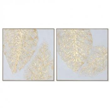 Cuadro Home ESPRIT Blanco Dorado Lienzo Madera MDF Moderno Hoja de Planta 82 x 4,5 x 82 cm (2 Unidades)