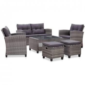6-Piece Dark Gray Poly Rattan Outdoor Garden Sofa Set with Cushions