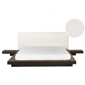 Cama moderna Zen de 160 x 200 cm con plataforma, mesitas de noche y cabecero de bouclé en madera oscura
