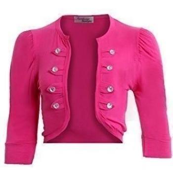 Señoras estilo militar 4 botón Bolero Cardigan de la mujer 3/4 Sleeve Top Bolero Fruncidos rosa fucsia S/M