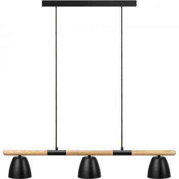 Lámpara colgante Nordlux Theo 3 luces madera de fresno y regleta colgante Nordlux 3 pantallas metálicas negras altura máxima 216cm